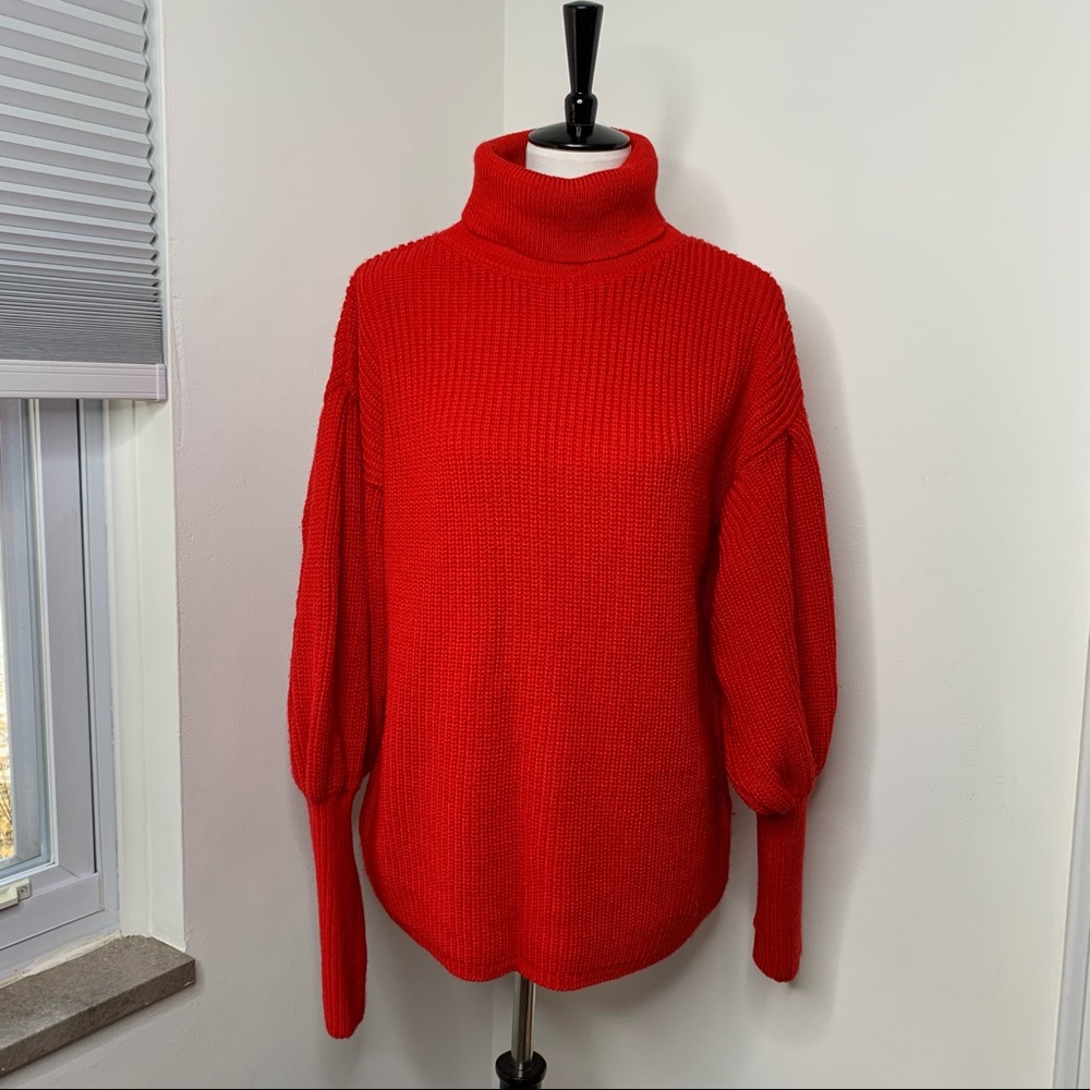 Topshop | Red Knit Turtleneck Sweater with Statement Sleeves - Picture 2 of 6